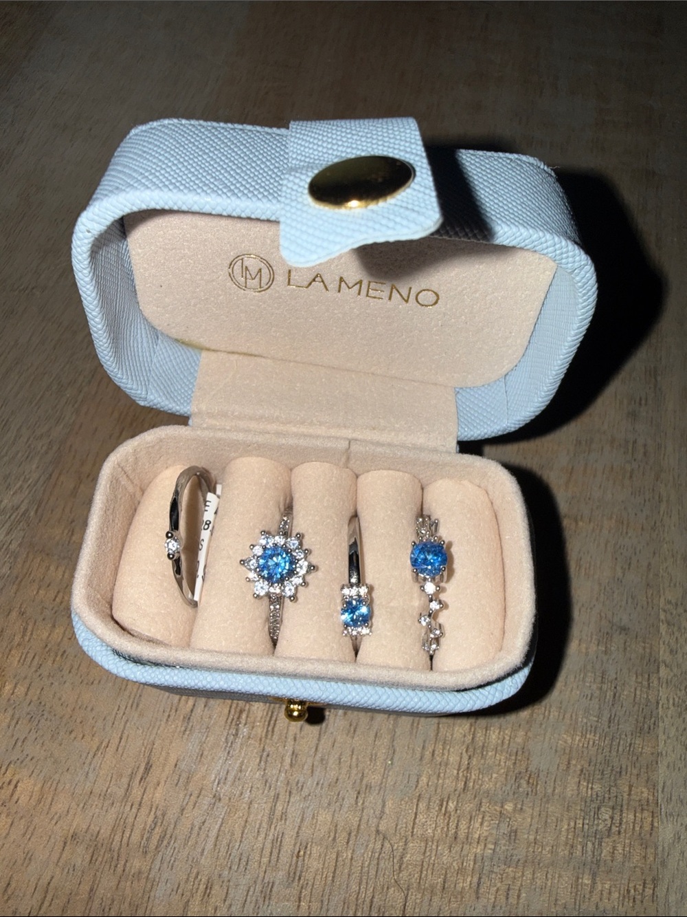 La Meno Blue Sapphire-Style Silver Ring Set - 4 Pieces. Adjustable rings.